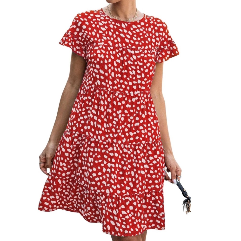 KIRUNDO Summer Dress, 4-Tiered Ruffle/Pleat, Short Sleeves, Round Neck, Size L